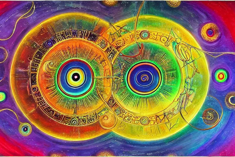 Image similar to painting of rainbow ophanim surrounded by large diagonally rotating rings, ophanim has bird wings, giant eyeball in the middle of the ophanim, by george clark stanton amazing details, mythological, biblical, beautiful composition