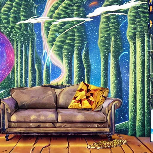 Image similar to psychedelic trippy couch pine forest planets milky way sofa cartoon by rob gonsalves