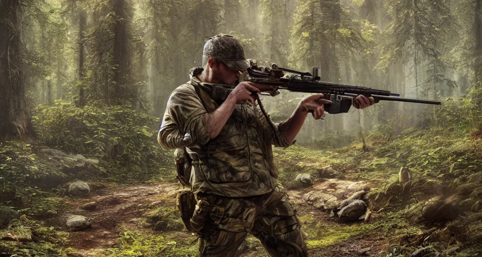 Image similar to A beautiful hyper realistic ultra detailed lifelike matte painting of a hunter in a forest aiming with his rifle, unreal engine, deviantart, flickr, artstation, octane render, textured, colorful, extreme realistic detail, physically based rendering, pbr render, very detailed, volumetric lighting, detailed lighting, octane render, 4k, cinematic lighting, 8k resolution