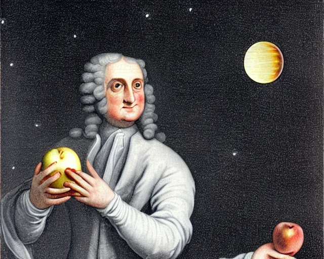 Image similar to isaac newton holding an apple in his hands and looking at the moon