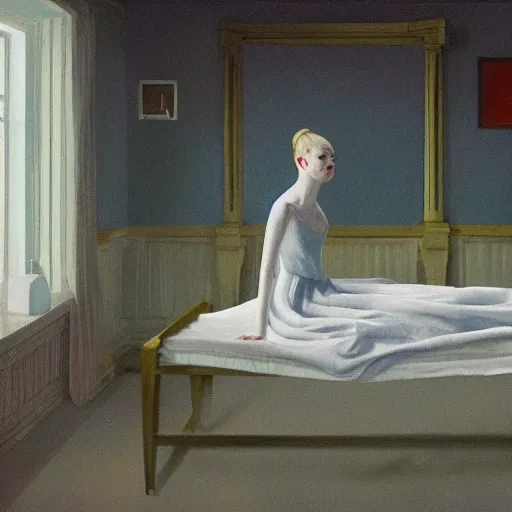 Image similar to Elle Fanning in the painted world of Inception, head and shoulders masterpiece, apocalypse, golden hour, cosmic horror, artstation, in the style of Andrew Wyeth and Edward Hopper and Bosch, extremely detailed