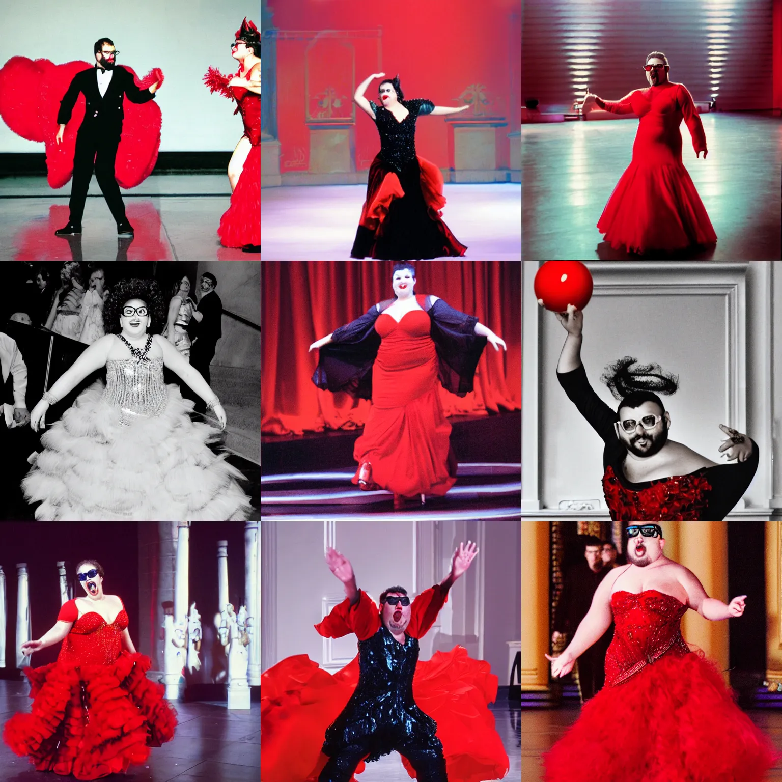 Prompt: Chubby Andrey with a beard and glasses dances in a red ball gown by Thierry Mugler