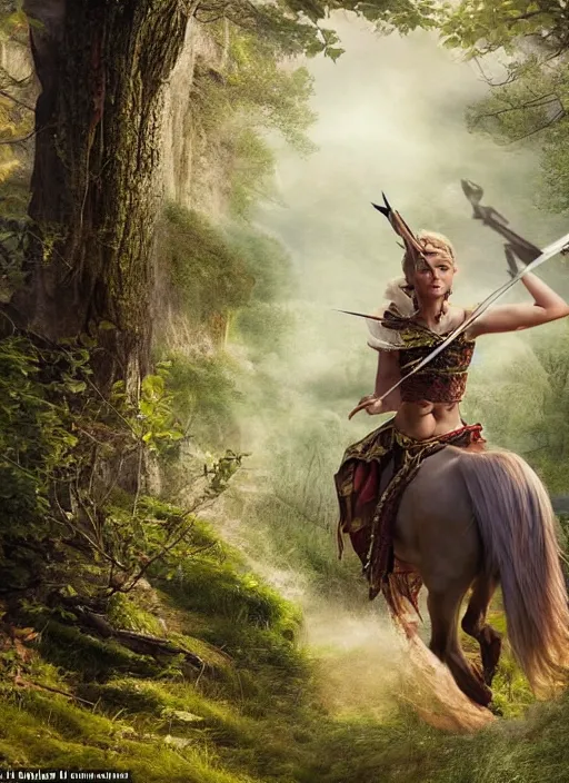 Prompt: an elf with a bow and arrow in her hand rides a horse through the woods. towards a village that is set in a cliff. mystical style