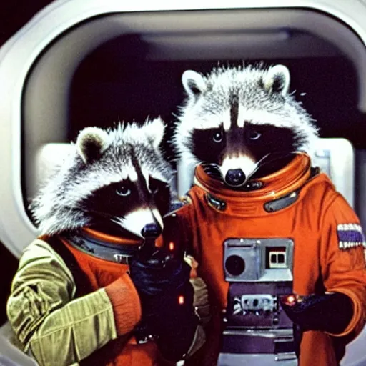 Prompt: A raccoon David Bowman and Frank Poole in space in the movie 2001 A Space Odyssey