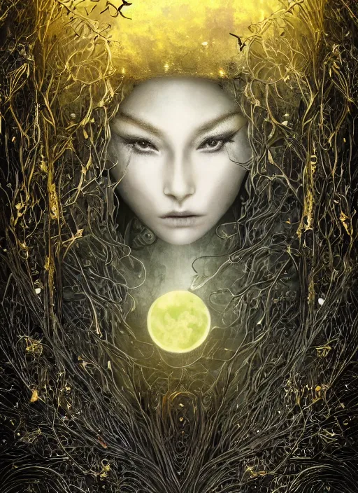 Image similar to glowing silver and golden elements, full close-up portrait, A beautiful dark witch in front of the full big moon, book cover, green forest, red white black colors, establishing shot, extremly high detail, foto realistic, cinematic lighting, pen and ink, intricate line drawings, by Yoshitaka Amano, Ruan Jia, Kentaro Miura, Artgerm, post processed, concept art, artstation, matte painting, style by eddie, raphael lacoste, alex ross