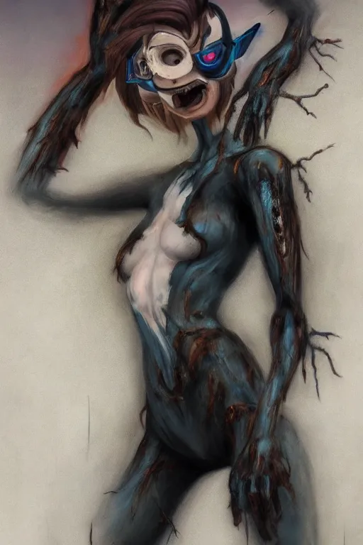 Prompt: full body painting of tracer from overwatch, in style of zdzisław beksinski, scary, horror, 4 k, feminine facial features, overwatch tracer character, horror, body horror, disturbing, detailed face, black tendrils, tall, long legs,