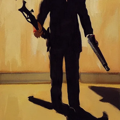 Prompt: agent 4 7 from hitman using a guitar as a weapon, by gregory manchess, james gurney, james jean