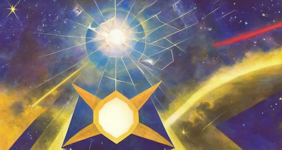 Image similar to hexagonal shield in space, blocking the sun, earth in the foreground, art deco painting