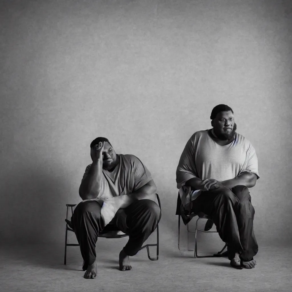 Image similar to one Large black man sitting on chair in front of background made of large folding silky curtains, dark, 8K photo realistic, black and white color, dimly lit, top light, dark