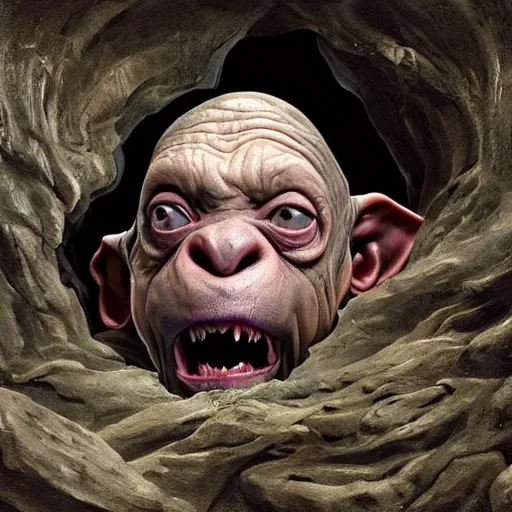 Image similar to hyperrealistic mixed media high resolution painting of Danny DeVito disguised as Gollum skulking in a dark cave, stunning 3d render inspired art by Jamie Salmon and István Sándorfi and Unreal Engine and Greg Rutkowski, perfect facial symmetry, dim volumetric lighting, 8k octane beautifully detailed render, full body shot, post-processing, extremely hyper-detailed, intricate, epic composition, highly detailed attributes, highly detailed atmosphere, cinematic lighting, masterpiece, trending on artstation, very very detailed, masterpiece, stunning, flawless completion, lifelike texture, perfection,