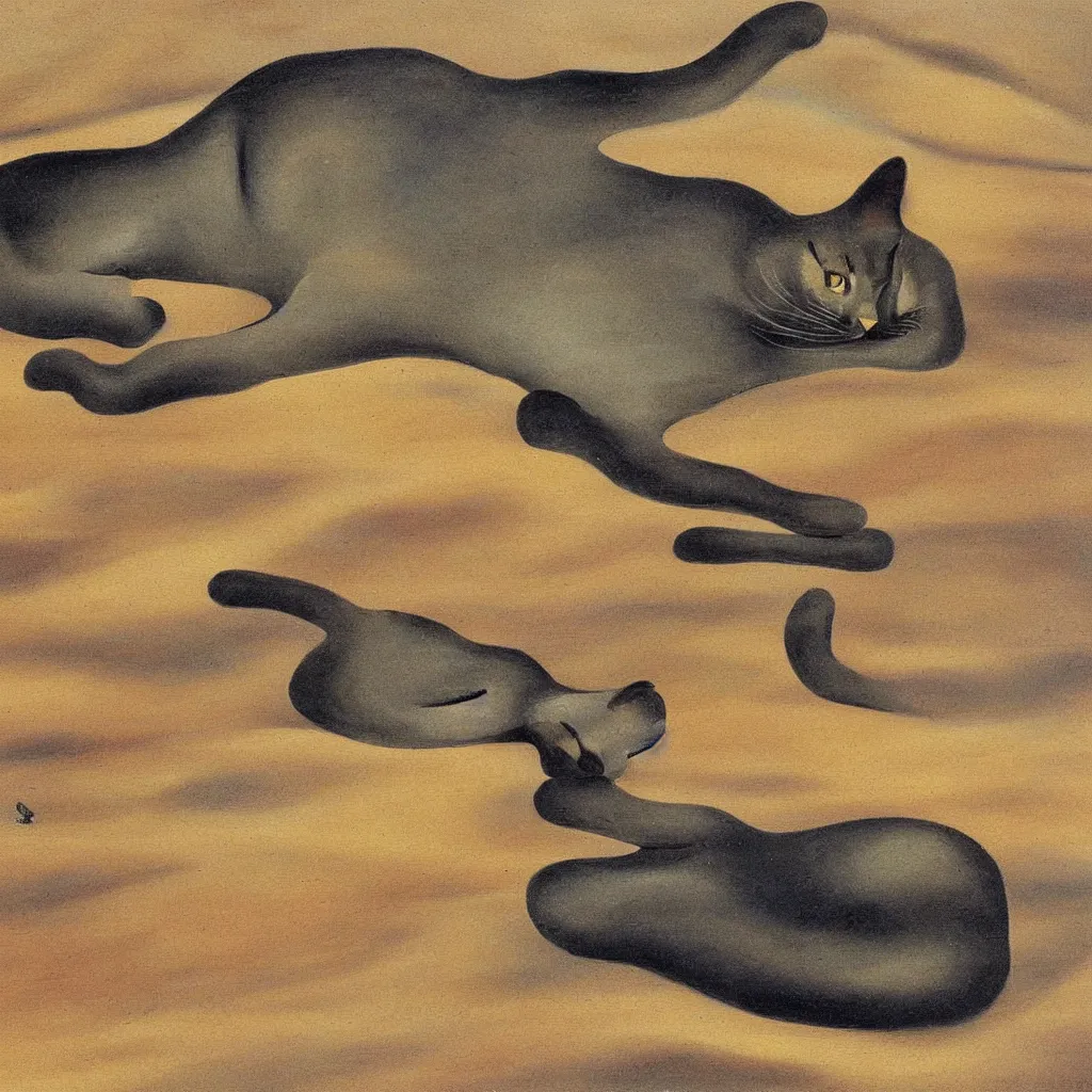 Image similar to an untradetailed oil painting of a melting cat lying on flowing desert, landscape with dunes and oasis far away, by salvador dali