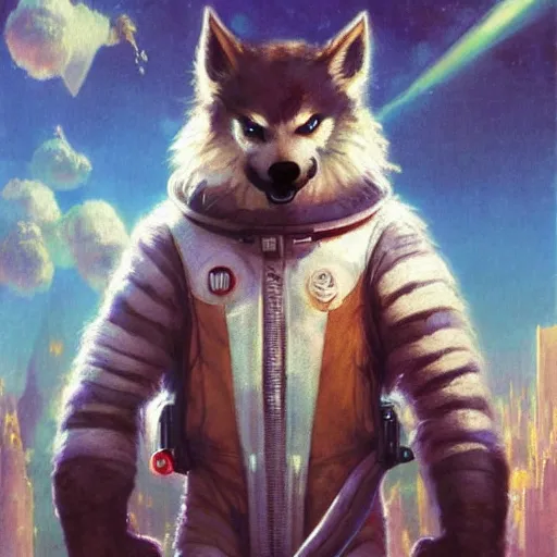 Prompt: wolfman furry fursona spacesuit fluffy head, futuristic city, gaston bussiere, artgerm, greg rutkowski, john berkey, ruan jia, jack kirby, marvel