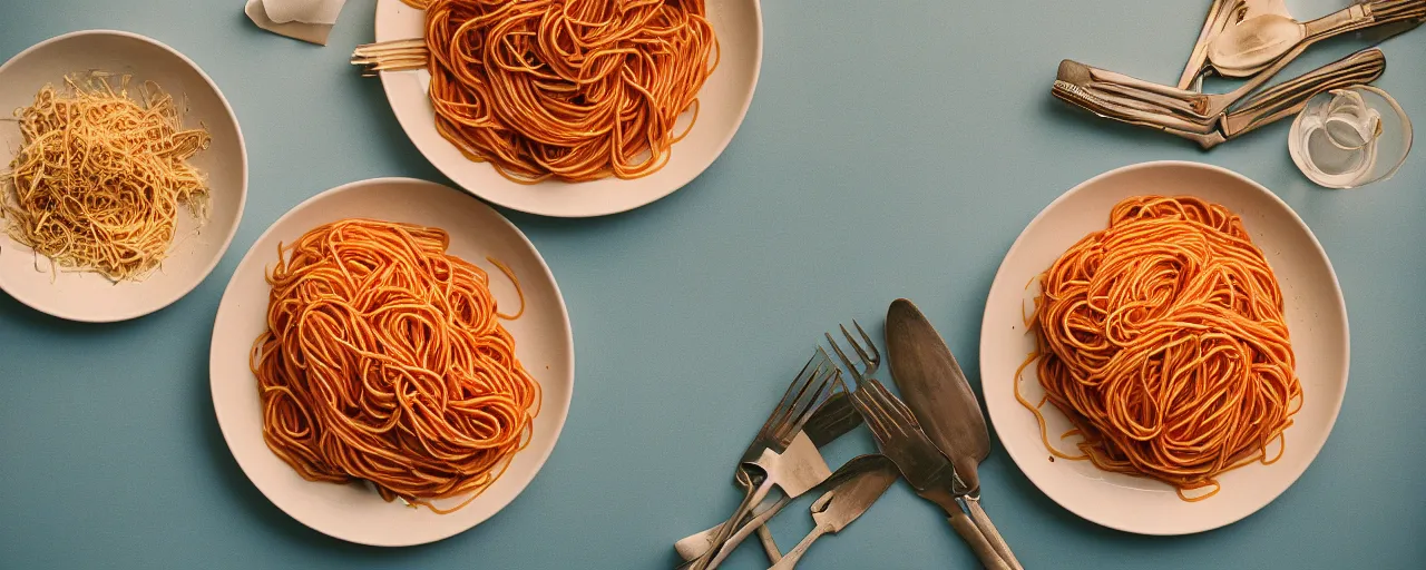 Image similar to one single bowl of spaghetti, beautifully garnished on a kitchen table, minimal, sharply focused, canon 5 0 mm, wes anderson film, kodachrome