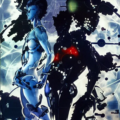 Prompt: the robots orion and sirius, nature and void, ego and id, form and function, bird and wolf ; both were disconnected from the simulation machine by a human virus, anime poster by yoji shinkawa and stina persson and raoul ruiz