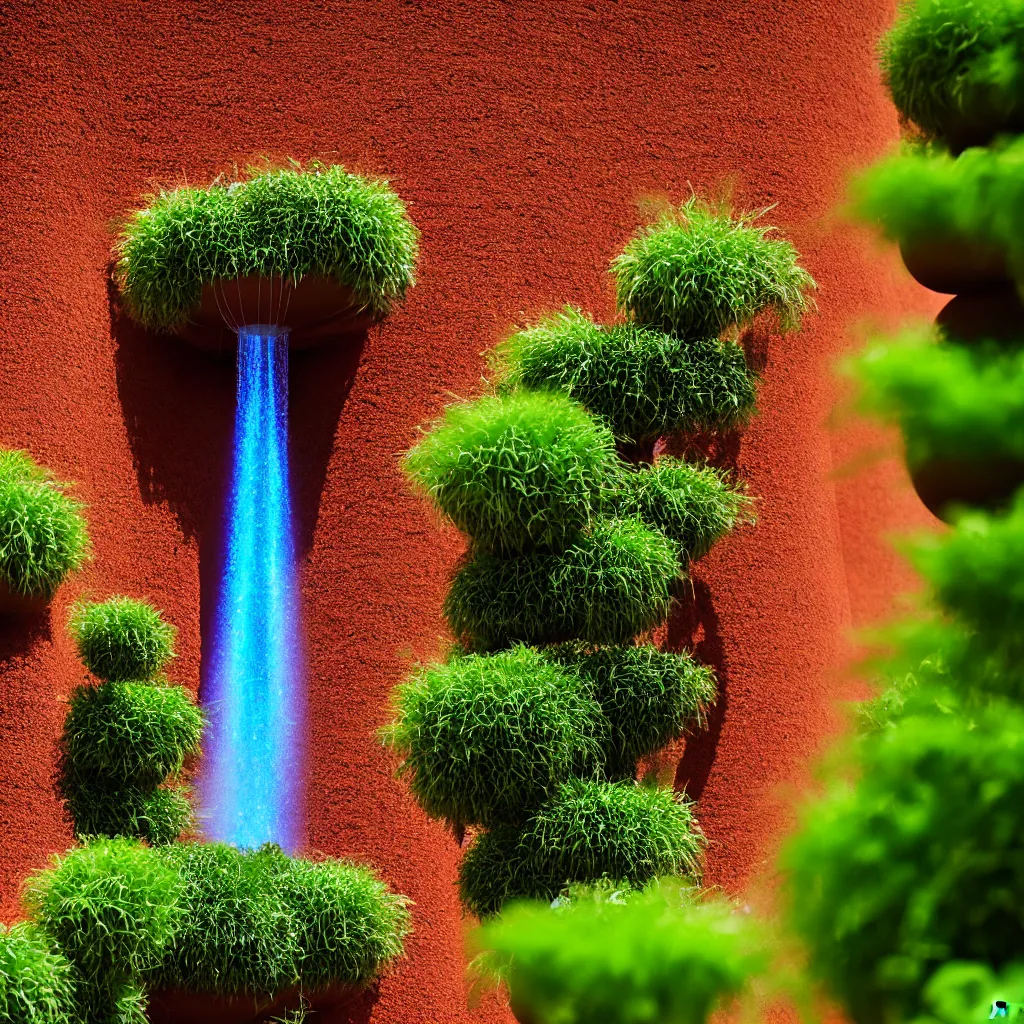 Prompt: torus shaped electrostatic water condensation collector tower, irrigation system in the background, vertical gardens, in the middle of the red clay desert, XF IQ4, 150MP, 50mm, F1.4, ISO 200, 1/160s, natural light