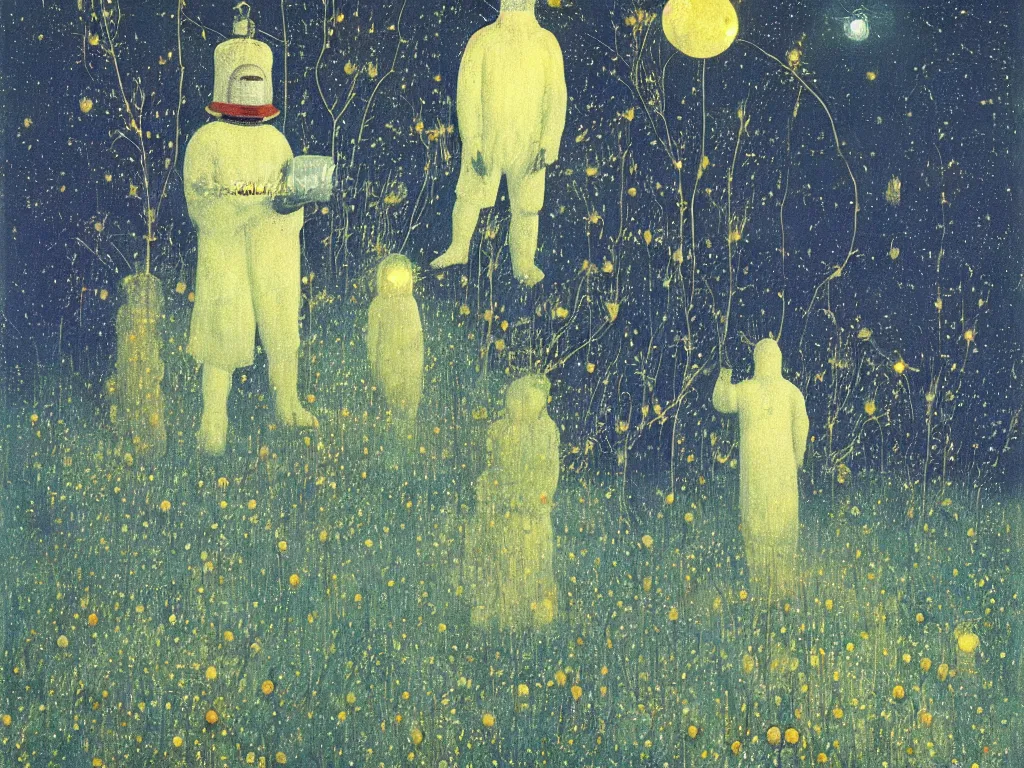 Image similar to man in white beekeeper polar bear suit with fireflies in the thorn garden, small devil creatures. painting by mikalojus konstantinas ciurlionis, bosch, max ernst, agnes pelton, rene magritte