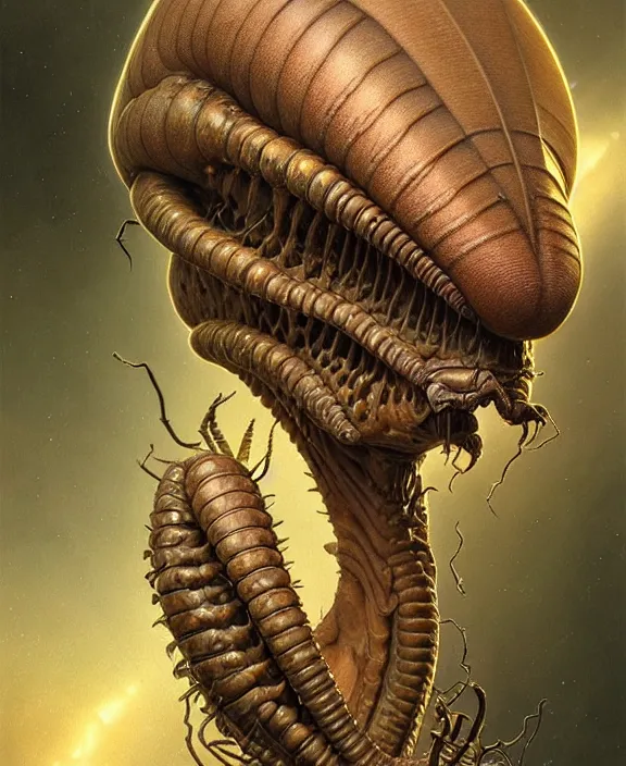 Image similar to intricate earth - toned portrait of a disturbing alien insect creature, mottling coloring, adorable, childlike, overgrown environment, ultra realistic, concept art, maximalist, photorealistic, octane render, 8 k, unreal engine. art by christopher marley and artgerm and greg rutkowski and alphonse mucha