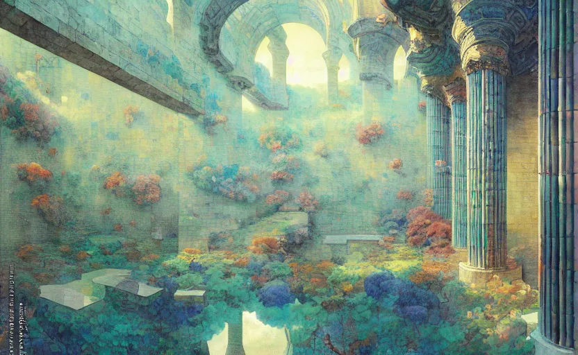 Prompt: tiled room squared waterway, aqueducts, fantasy. intricate, amazing composition, colorful watercolor, by ruan jia, by maxfield parrish, by marc simonetti, by hikari shimoda, by robert hubert, by zhang kechun, illustration, gloomy