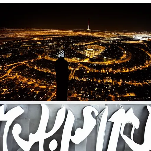 Image similar to arab man overlooking Riyadh city at night silhouette dramatic, dark, superhero