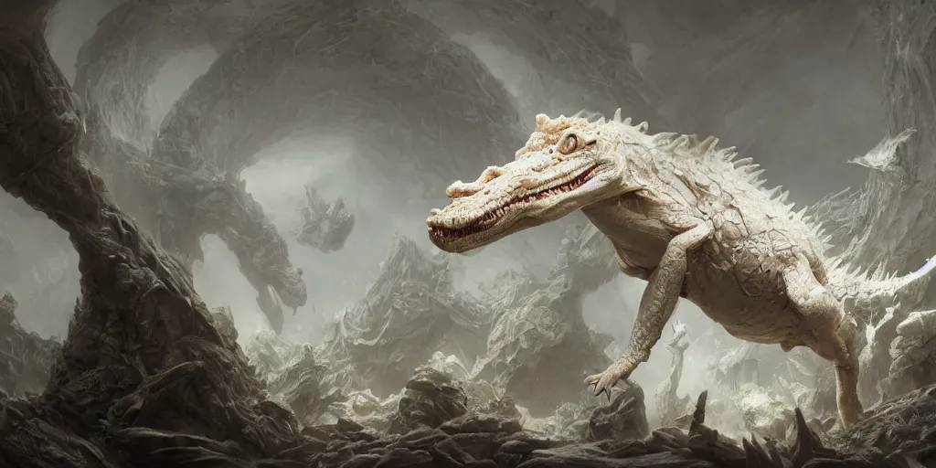 Image similar to albino alligator land shark hybrid by by Ellen Jewett, Zdzislaw beksinski and peter mohrbacher, Bastien L. Deharme Mike Winkelmann trending on artstation, redshift, unreal 5,behance, deviantart, vray, well rendered, cinematic lighting 4k unreal engine renders, cinematic, 8k, Octane, redshift