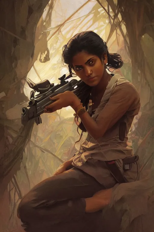 Image similar to sri lankan girl with a gun, angery emotion, intricate, elegant, highly detailed, digital painting, artstation, concept art, smooth, sharp focus, illustration, art by artgerm and greg rutkowski and alphonse mucha