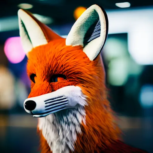Prompt: portrait of a realistic fox fursuit at a furry convention, indoors, midday, realisitc bokeh photo