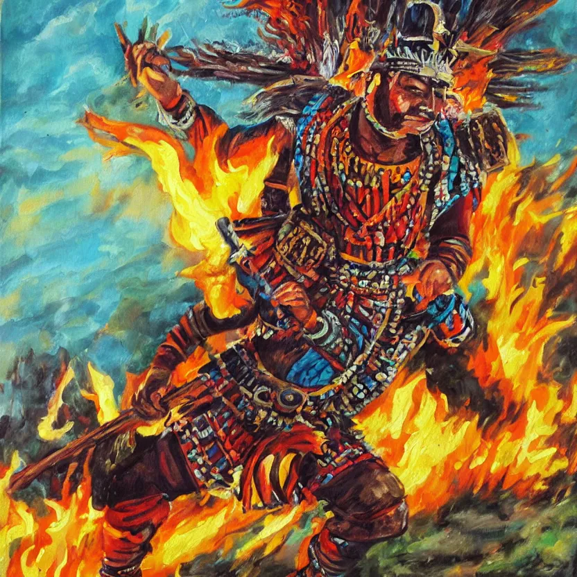 Prompt: colorful oil painting of an aztec warrior running away from a fire