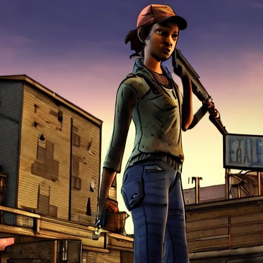 Image similar to game walking dead telltale games clementine aiming with a sniper rifle on a rooftop, 4 k, highly detailed