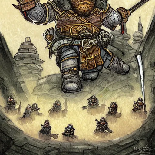 Image similar to a dwarf ninja heroes facing an ancient temple, illustrated by trent kaniuga