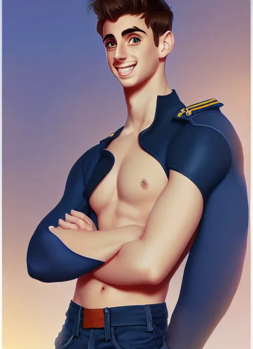 Image similar to cute navy cadet chris mears, natural lighting, path traced, highly detailed, high quality, digital painting, by don bluth and ross tran and studio ghibli and alphonse mucha, artgerm