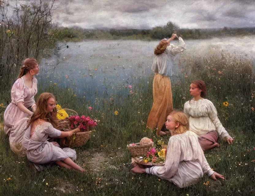 Prompt: peasant girls on a shore of river ivana kupala, midsommar, cottage core, cinematic focus, polaroid photo bleached vintage pastel colors high - key lighting, soft lights, foggy, by steve hanks, by lisa yuskavage, by serov valentin, by tarkovsky, 8 k render, detailed, oil on canvas