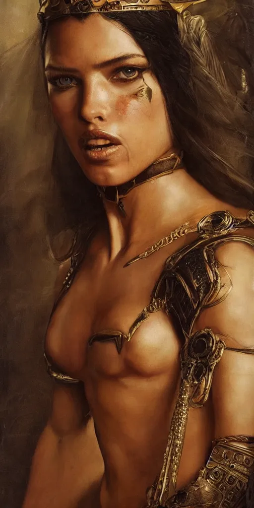 Prompt: the portrait of adriana lima as amazon in intricate dress by roberto ferri, fantasy, witcher, very detailed oil painting, masterpiece, 8 k