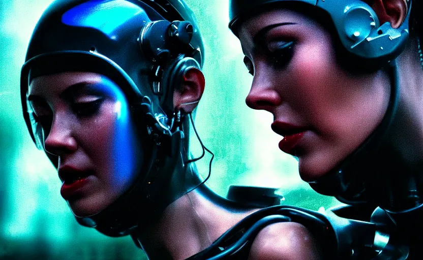 Image similar to cinestill 5 0 d candid photographic portrait by steven spielberg of two loving female androids sobbing wearing rugged black mesh techwear in treacherous waters, flooded city, medium closeup, retrofuturism cyberpunk moody emotional cinematic, pouring iridescent rain bright spotlight helicopter, 8 k, hd, high resolution, 3 5 mm, f / 3 2, ultra realistic faces, ex machina