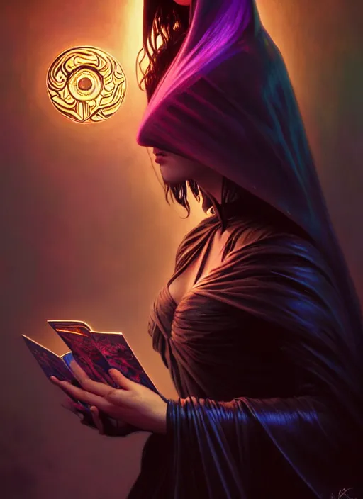 Image similar to e - book cover, side portrait, dark witch with black hood and evil eyes, realism, soft, smooth, luminescent, art nouveau tarot, backlit glow, colorful swirly ripples, gaudy colors, aesthetic octane render, unreal engine, 8 k, by artgerm, greg rutkowski, alphonse mucha