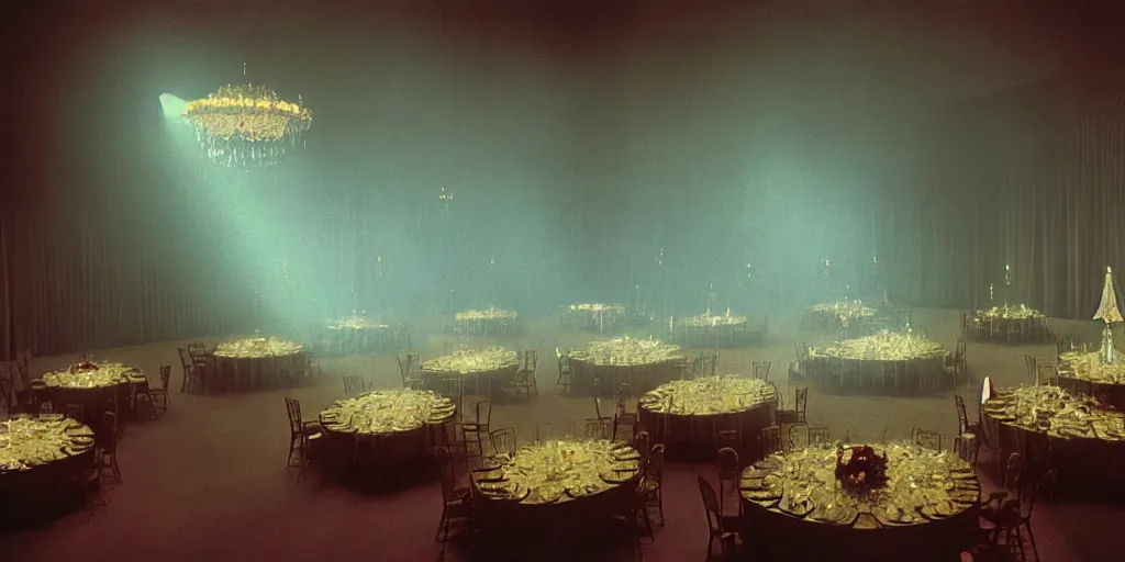 Image similar to a phantom hovers inside of a banquet hall. dramatic soft color lighting ( 1 9 8 4 ).