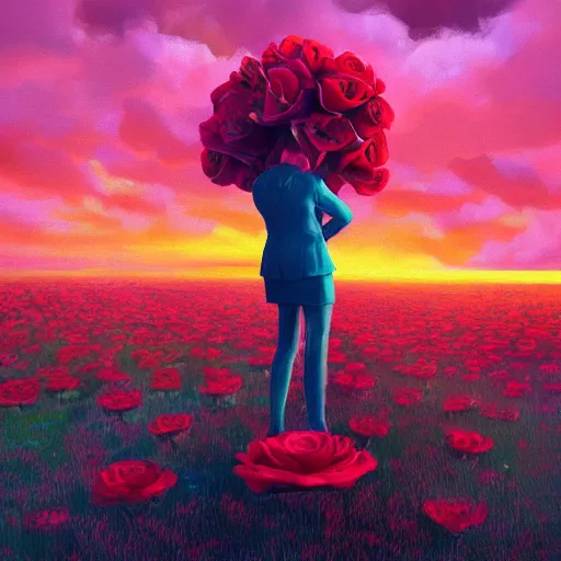 Image similar to closeup, giant rose flower head, frontal, girl in a suit, surreal photography, sunrise, blue sky, dramatic light, impressionist painting, digital painting, artstation, simon stalenhag