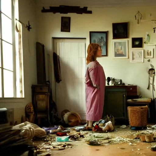 Prompt: woman with adhd - ip stands in her messy house. folk horror