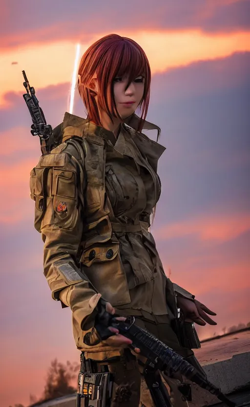 Image similar to highly detailed, high resolution, cosplay photo, stunning, realistic lightning, real sunset, in the middle of the battlefield, girls frontline style, bokeh soft, 100mm, trending on facebook, by professional photographer, realistic anatomy, realistic military carrier, soldier clothing, airsoft, modern warfare