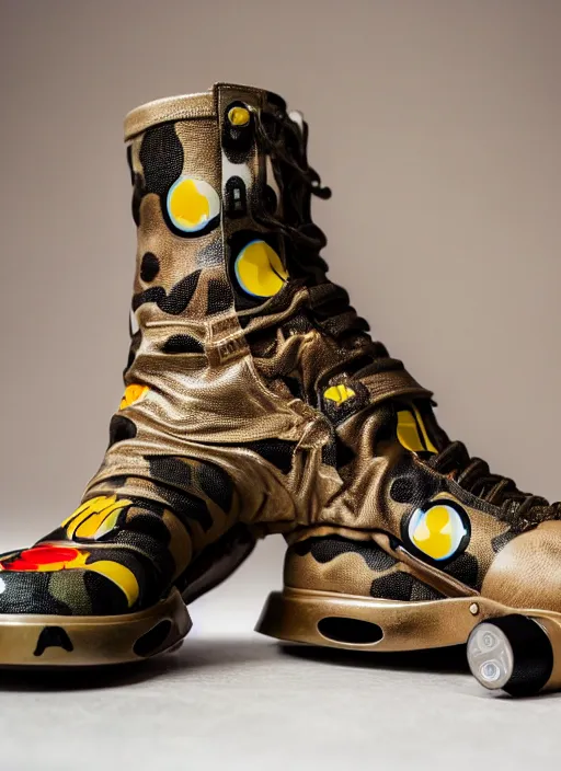 Image similar to hyperrealistic and heavy detailed product photo bape avant garde boots of movie the fifth element, in front of white back drop, whole shoe is in picture, leica sl 2 5 0 mm, vivid color, high quality, high textured, real life