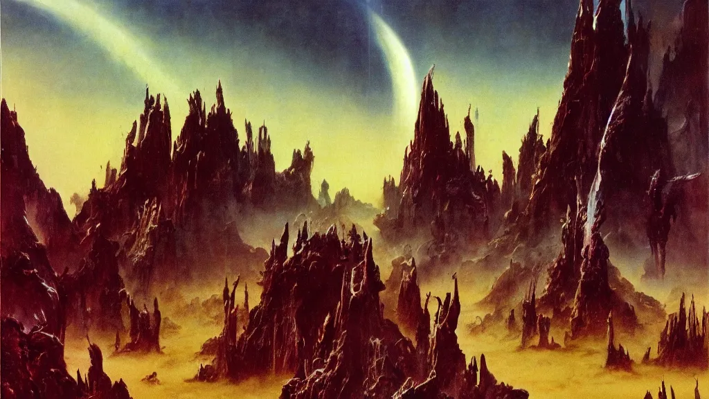 Image similar to surreal eerie alien planet empire by frank frazetta and bruce pennington, cinematic matte painting