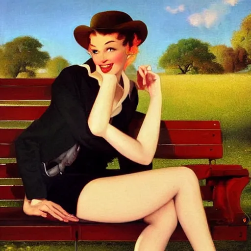 Prompt: man sitting on park bench next to the grim reaper peaceful oil painting by Gil Elvgren sunny afternoon