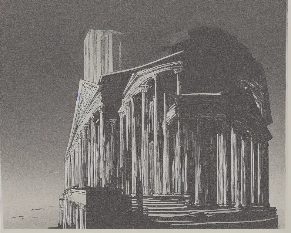 Prompt: achingly beautiful print of the Pantheon bathed in moonlight by Hasui Kawase and Lyonel Feininger.