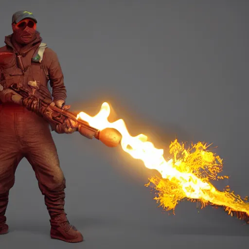 Image similar to man with flame - thrower, digital art, zbrush, 8 k, trending on artstation,