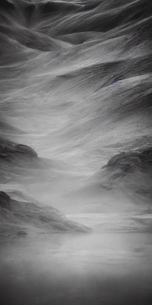 Image similar to dream looking through a hyper realistic photograph of desert canyon, minimal structure, misty, raining, meditative, icelandic valley, river, in the style of reuben wu, roger deakins