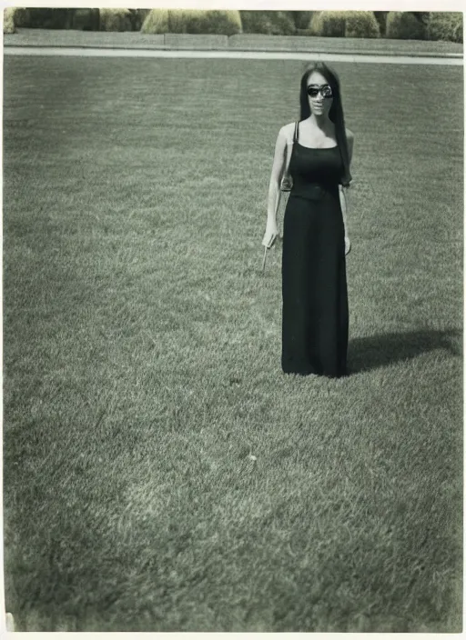 Prompt: woman at lawn, polaroid photography in style of andrey tarkovski, 35mm, film photo