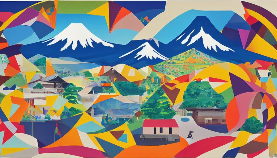 Image similar to award winning graphic design poster, cutouts constructing an contemporary art depicting a lone mount fuji and hills, rural splendor, and bullet train, isolated on white, and bountiful crafts, local foods, edgy and eccentric abstract cubist realism, mixed media painting by Leslie David and Lisa Frank for juxtapose magazine