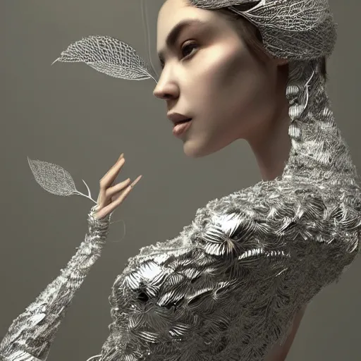 Image similar to a highly detailed digital image of a futuristic woman elegantly wrapped with leaves which are made of silver, by Andrea Chiampo, artstation and Frederik Heyman, extremely detailed woman, stunning volumetric lighting, hyper realism, fantasy 4k