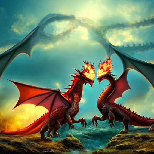 Prompt: Two dragons intertwined with one another breathing fire, masterpiece, 4k render, sunset, forest, incredible detail, cloudy, beautiful