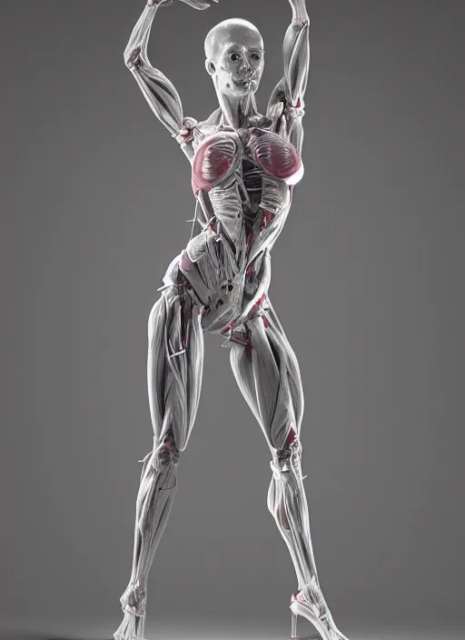 Prompt: a full body sculpture of anatomical female detailed cyborg, veins, ceramic base, orthographic, studio lighting