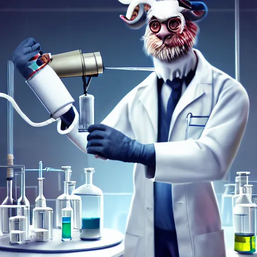 Image similar to a mad scientist goat in lab coats mixing acids, digital art, trending on artstation and unreal engine, deviantart, smooth, hyper detailed, award - winning, hd